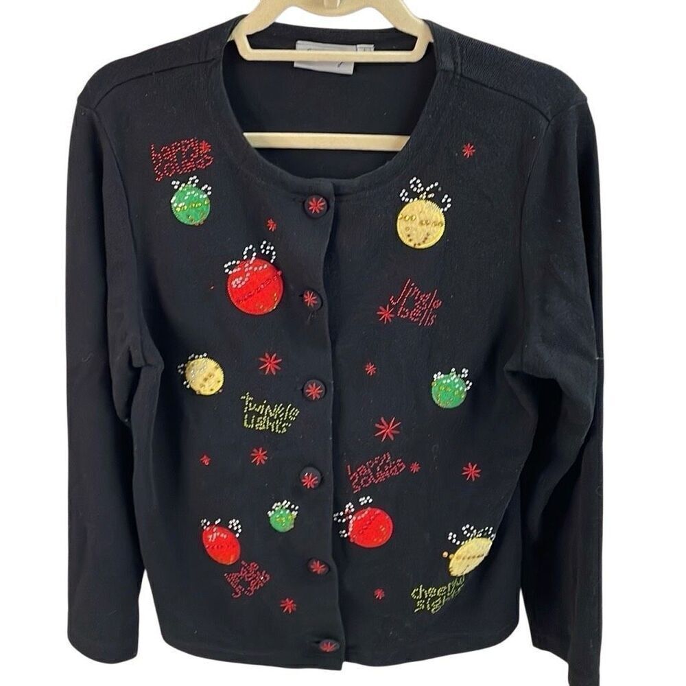 CORAL BAY Women’s Button Up Christmas Holiday Applique Bling Sweater Size Large